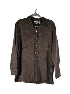 Chicos raw linen nubby textured chocolate brown button up shirt size 2 US L